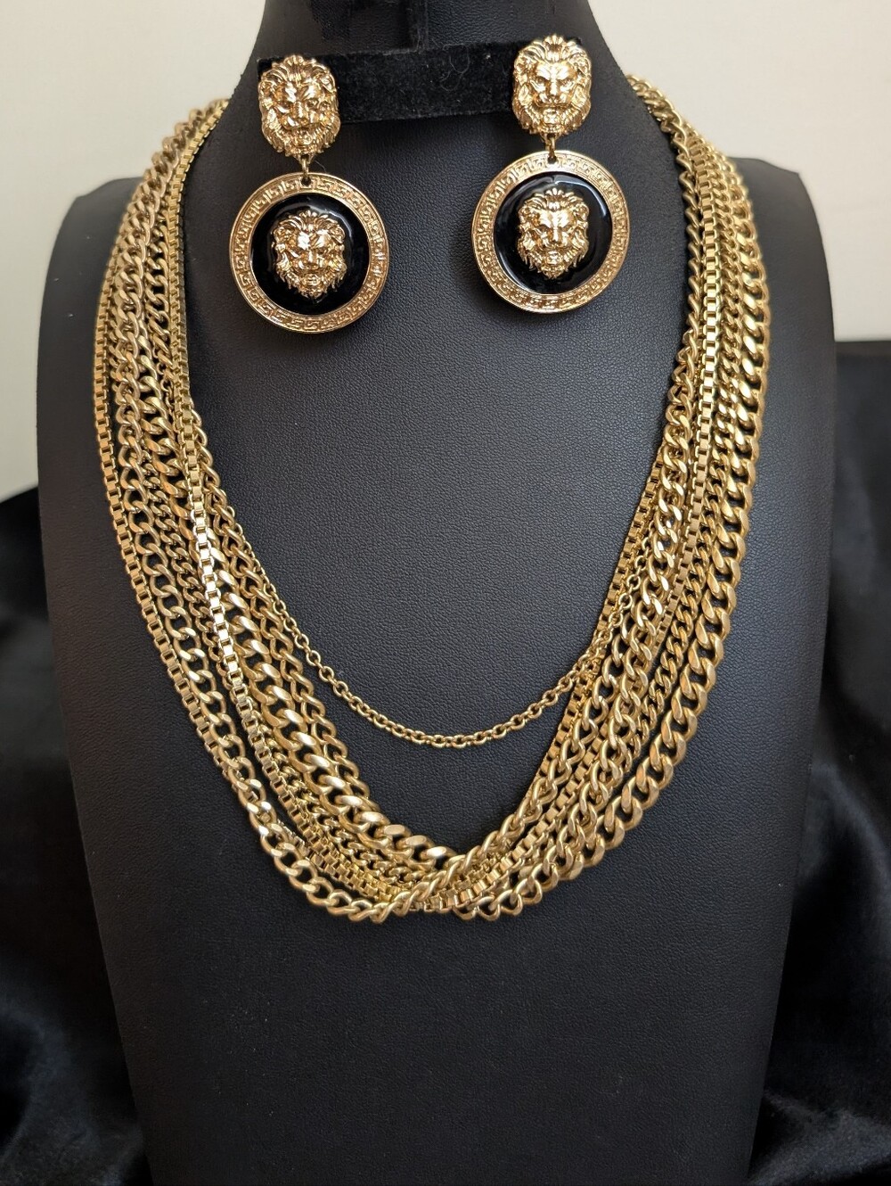 Spectacular Multi-Chain Gold Necklace and Gold & Lion Enamel Earrings